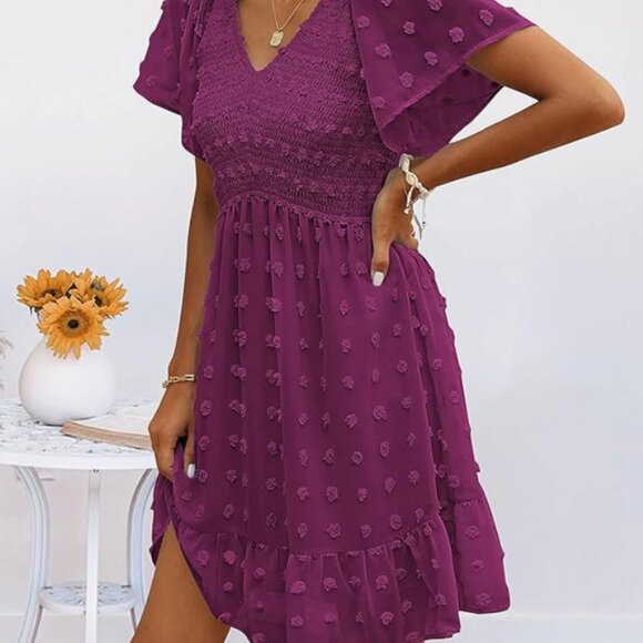 Womens Smocked Short Sleeve V Neck Mini Dress Summer Swiss Dot Flowy Short Dress - Picture 2 of 4